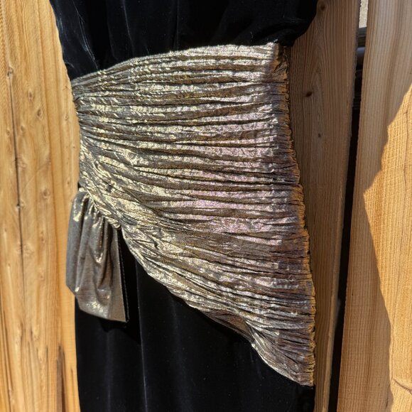 Vintage Dress 80s Black Velvet Gold Lame Fitted Formal Cocktail Sheath S - Picture 7 of 16